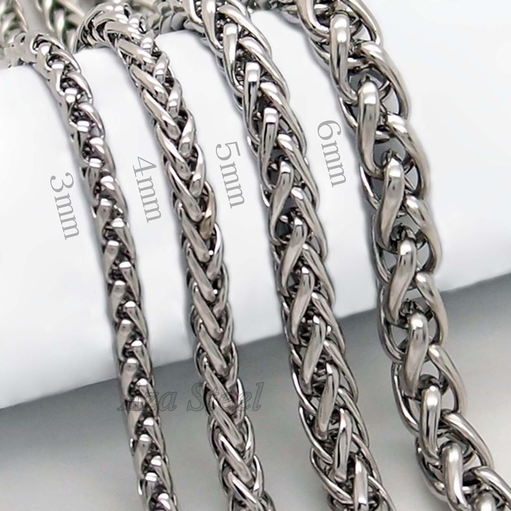 Stainless Steel Necklace Chain
 3 4 5 6MM 18 36" MENS Silver Stainless Steel Wheat Braided