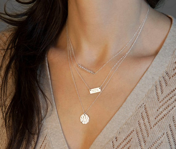 Sterling Silver Layered Necklace
 Silver Layered Necklace Set w Short Name Plate by