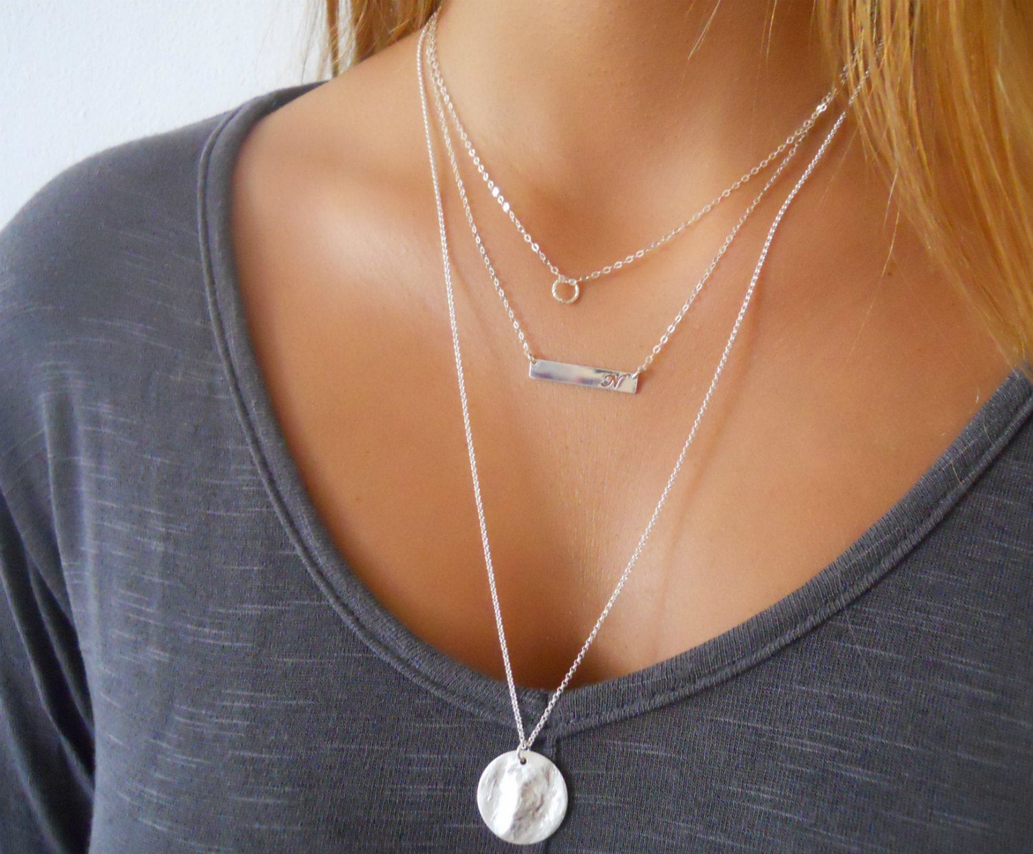 Sterling Silver Layered Necklace
 Sterling Silver Necklace Set Layered Set of 3 Silver