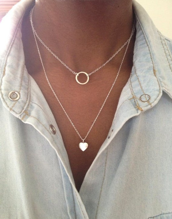 Sterling Silver Layered Necklace
 Sterling Silver 2 Layer Necklace Eternity Circle Heart