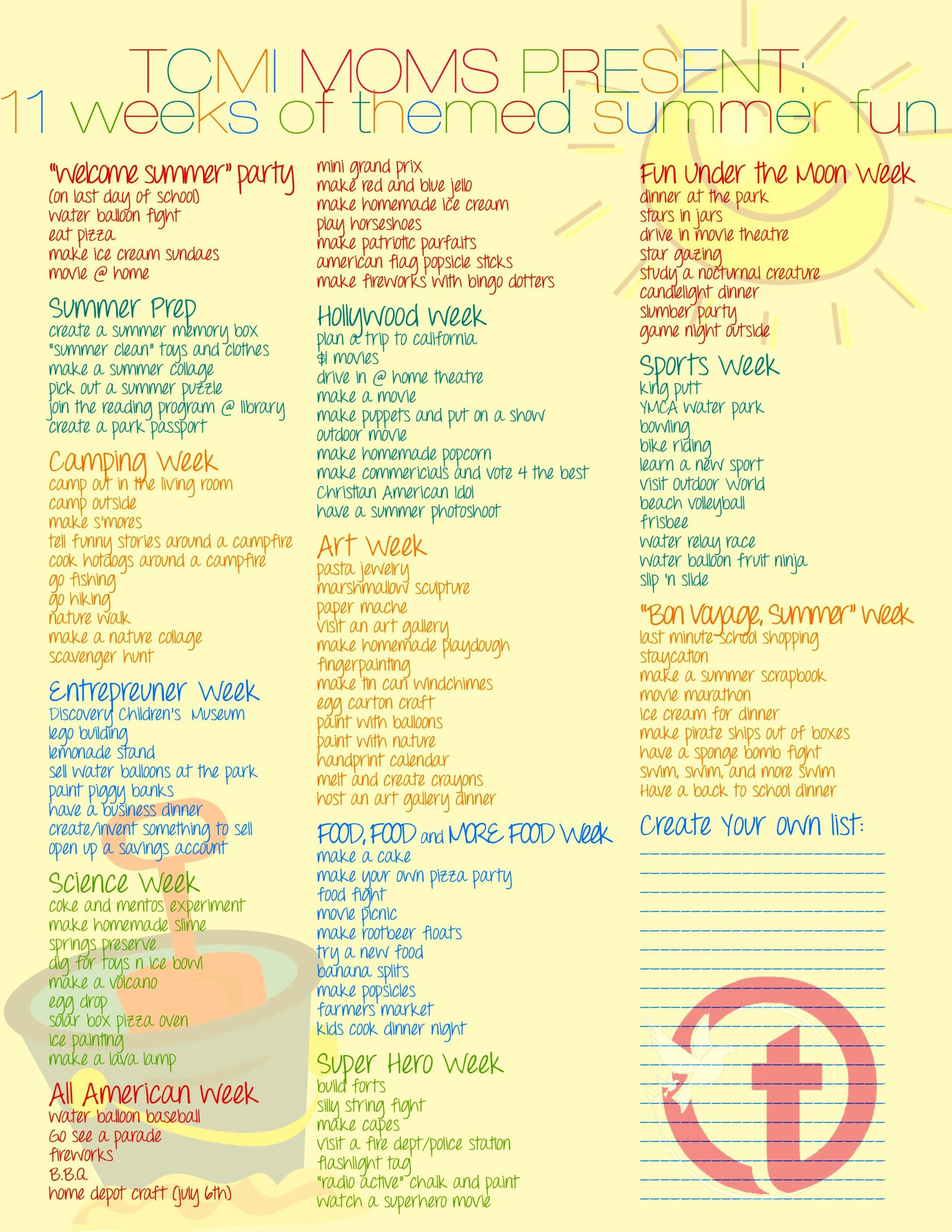 Summer Camp Weekly Theme Ideas
 A weekly themed Summer Bucket List