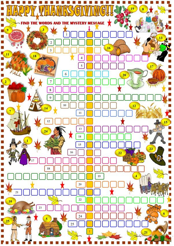 Thanksgiving Activities For High School Students
 Thanksgiving crossword puzzle worksheet Free ESL