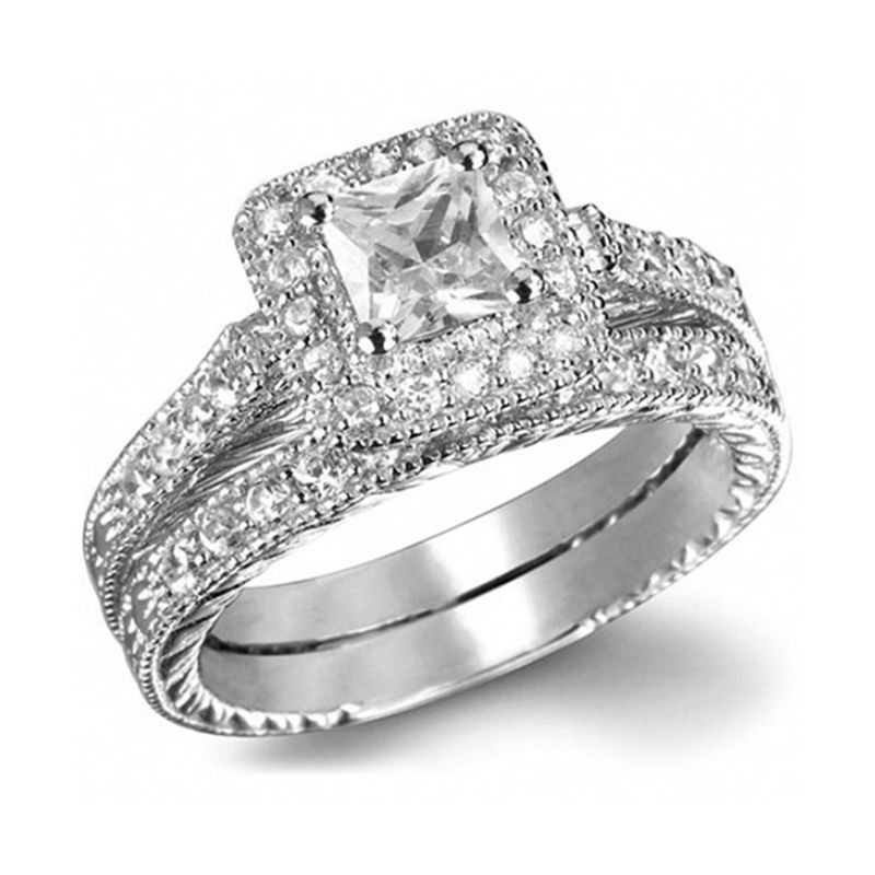 Wedding Ring Sets White Gold
 Princess Cut AAA CZ White Gold Filled Ring Set Wedding