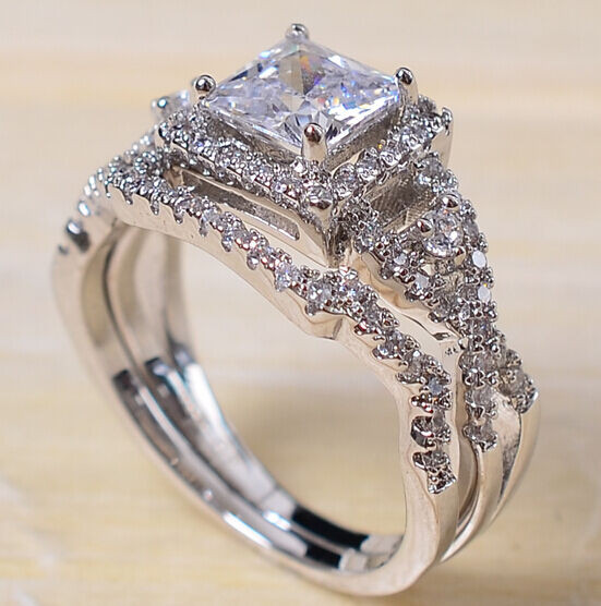 Wedding Ring Sets White Gold
 Sz 5 10 Princess Cut 10KT White Gold Filled White Topaz