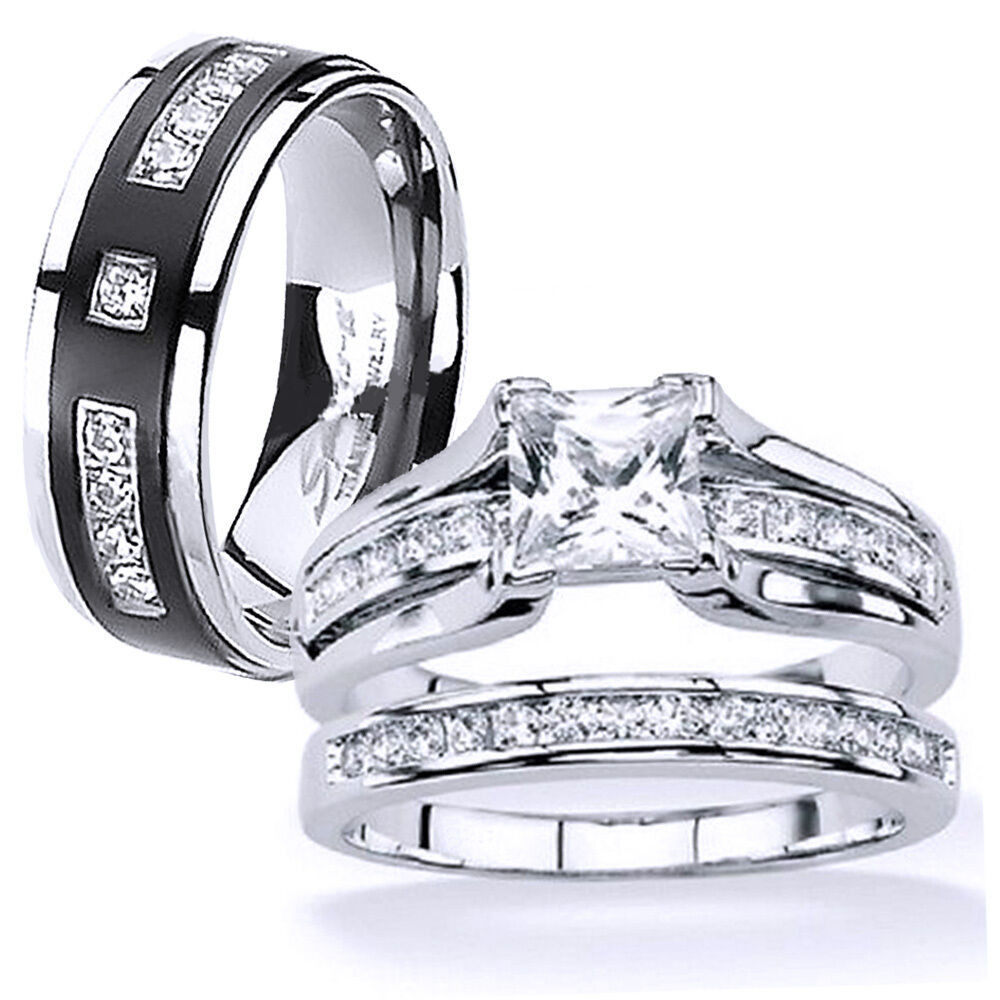 Wedding Rings Sets For Her
 His and Hers Stainless Steel Princess Cut Wedding Ring Set