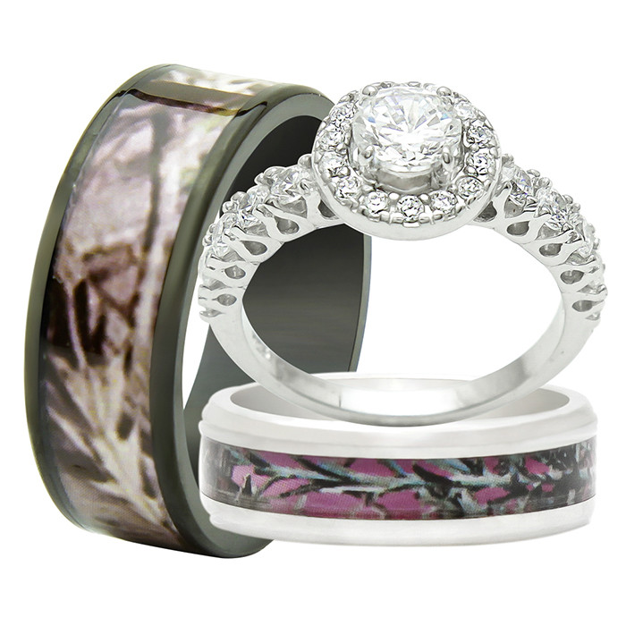 Wedding Rings Sets For Her
 His and Hers 3PCS Titanium Camo 925 Sterling Silver