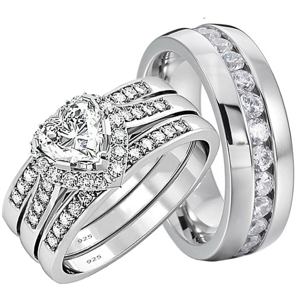Wedding Rings Sets For Her
 His and Hers Wedding Rings 4 pcs Engagement Sterling