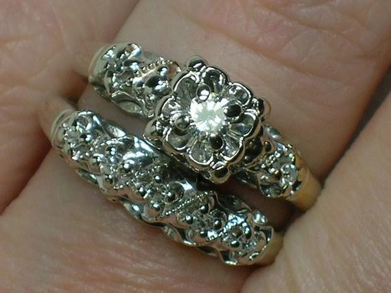 Wedding Rings Vintage
 Vintage Wedding Ring Set Ornate 1940s White Gold Illusion
