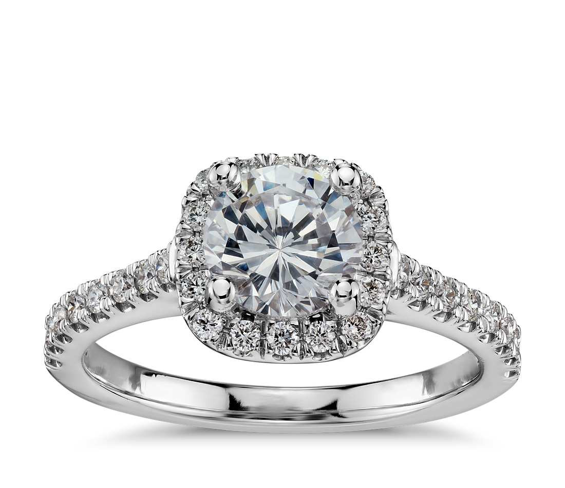White Diamond Engagement Rings
 Cushion Halo Diamond Engagement Ring in 14k White Gold 1