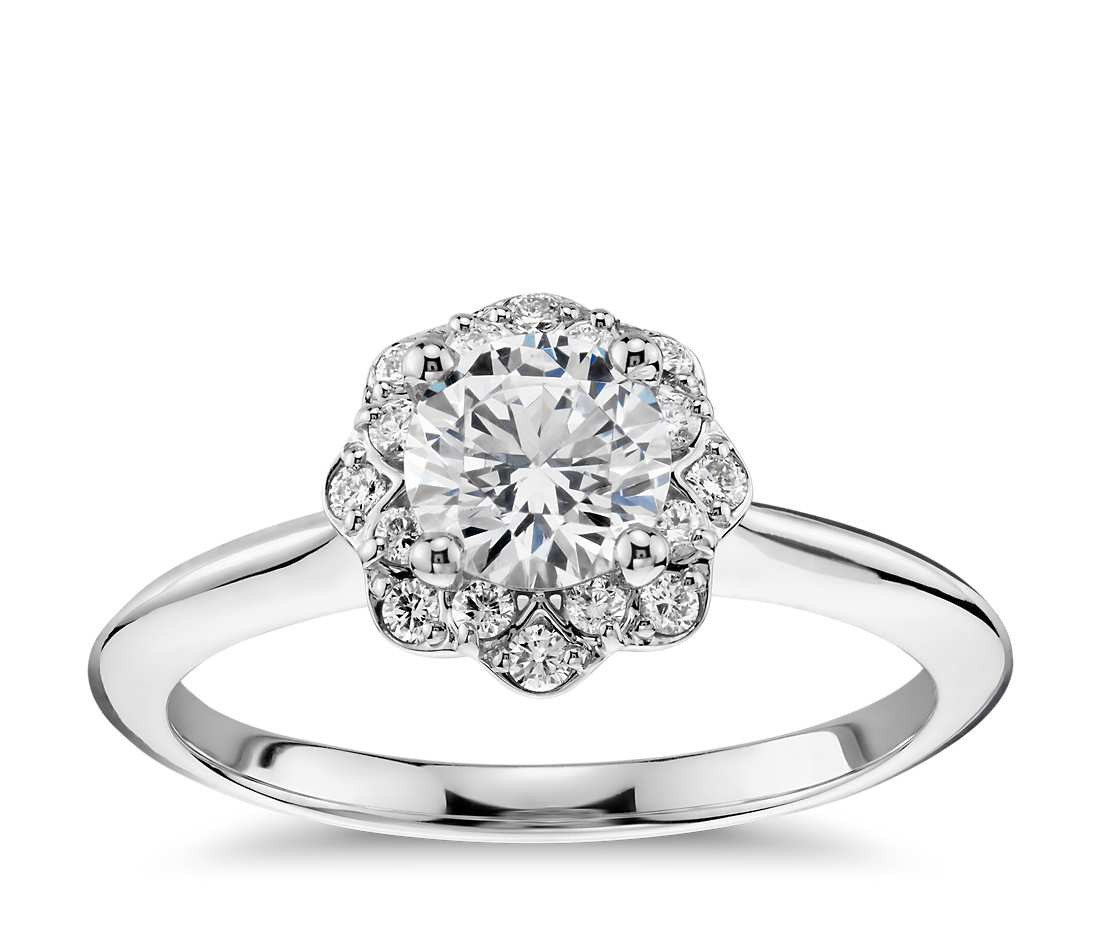 White Diamond Engagement Rings
 Floral Halo Diamond Engagement Ring in 14k White Gold 1