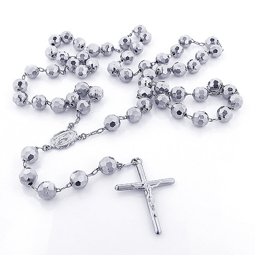 White Gold Rosary Necklace
 14K Solid White Gold Rosary Beads Necklace 7mm 30in