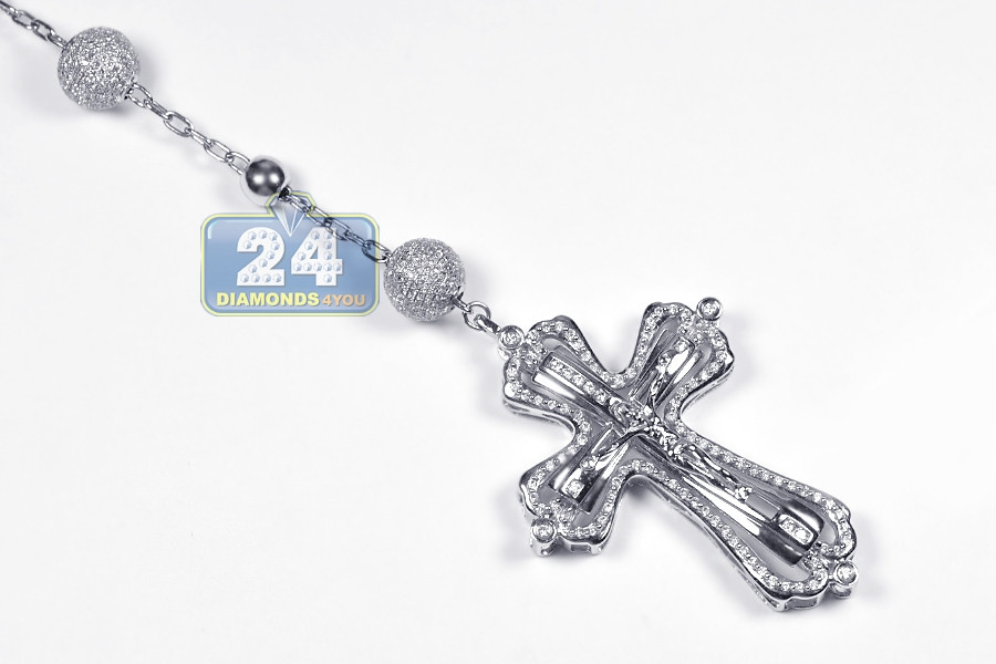 White Gold Rosary Necklace
 Mens Diamond Rosary Beads Cross Necklace 14K White Gold 9 31ct