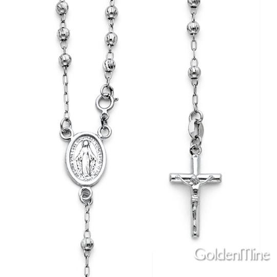 White Gold Rosary Necklace
 White Gold 14k 3mm Bead Our Lady Guadalupe Rosary 18inches