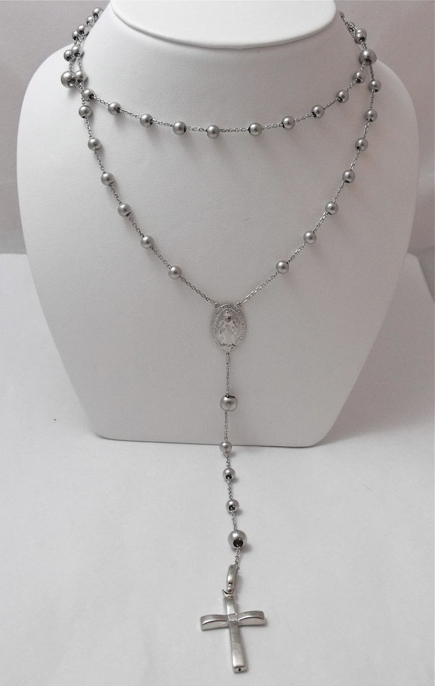 White Gold Rosary Necklace
 14K WHITE GOLD ROSARY BEADS NECKLACE with CRUCIFIX CROSS