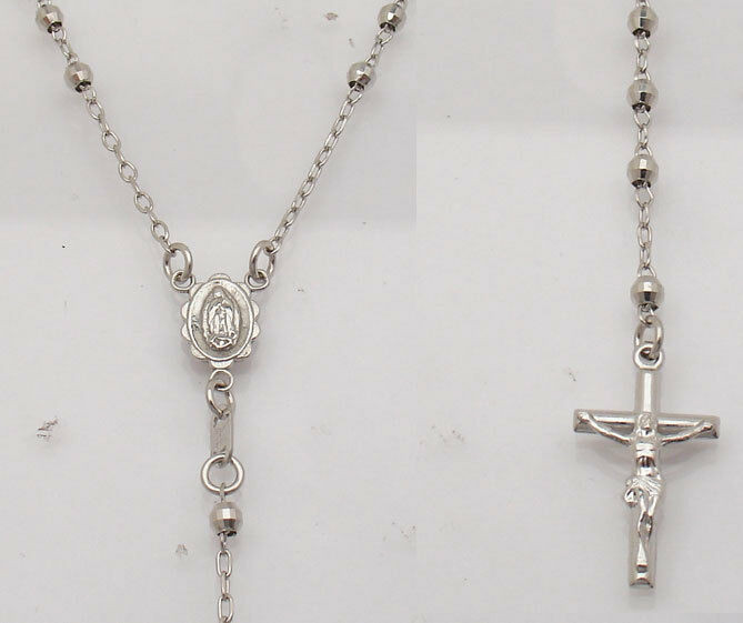 White Gold Rosary Necklace
 ROSARY NECKLACE CROSS VIRGIN MARY 14K White Gold 16"