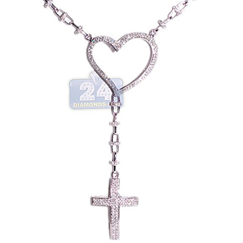 White Gold Rosary Necklace
 Womens Diamond Heart Rosary Necklace 14K White Gold 4 39ct 17"