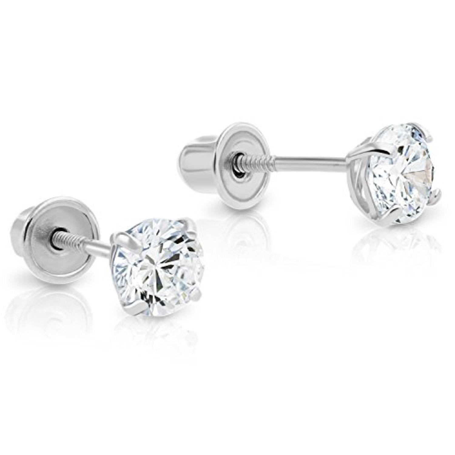 White Gold Stud Earrings
 14k White Gold Cubic Zirconia CZ Solitaire Screw Back Stud