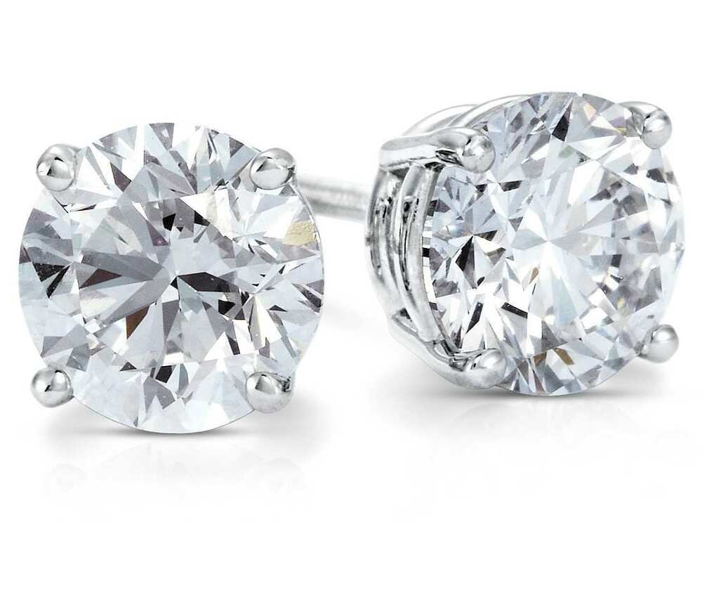 White Gold Stud Earrings
 14K Solid White Gold White Sapphire Round Stud w Screw