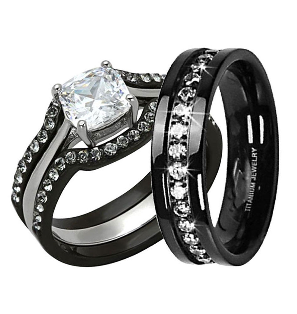 Womens Black Wedding Rings
 His Hers 4 Pc Black Stainless Steel Titanium Wedding