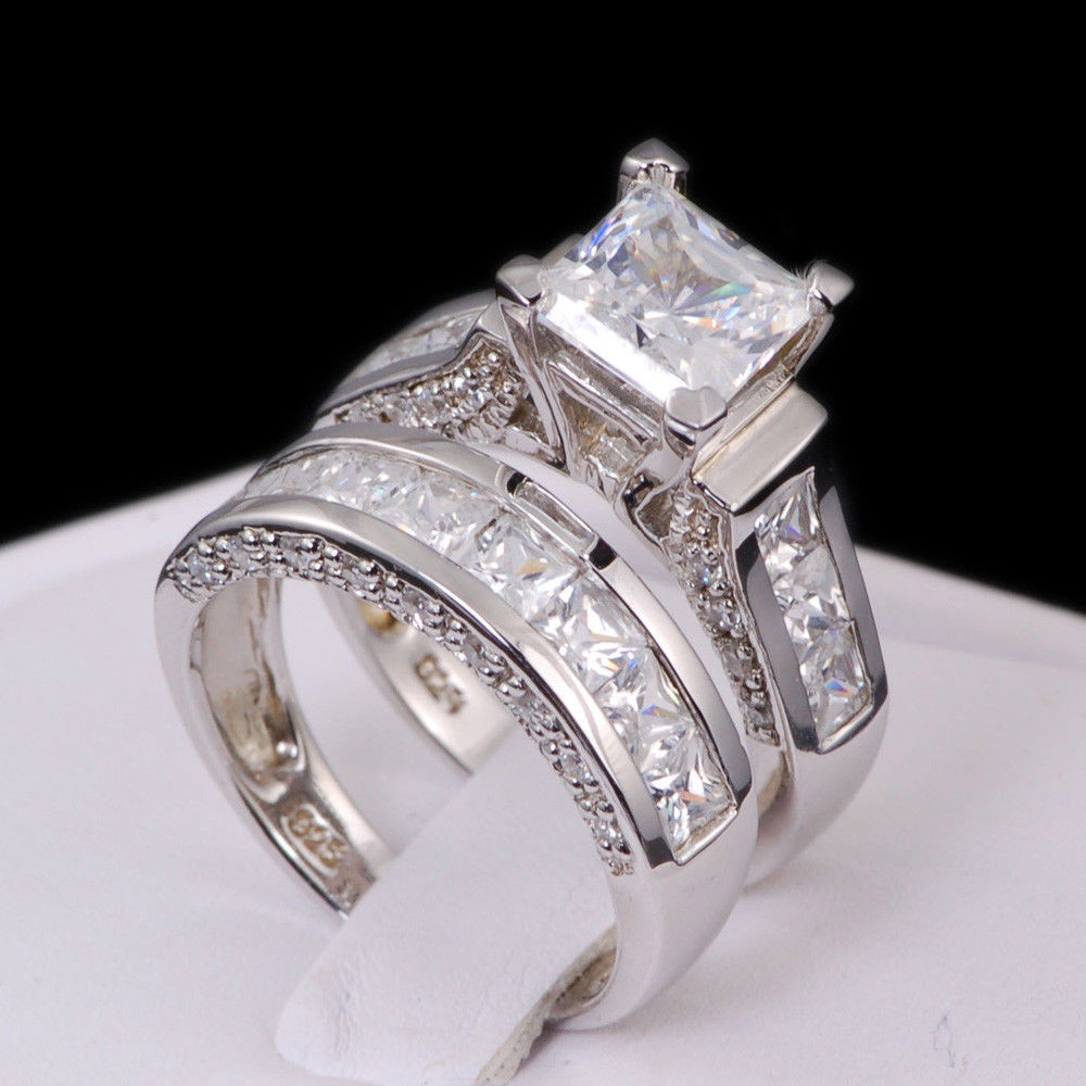 Womens Wedding Band Sets
 4 35Ct Princess Cut AAA CZ Sterling Silver Wedding Ring