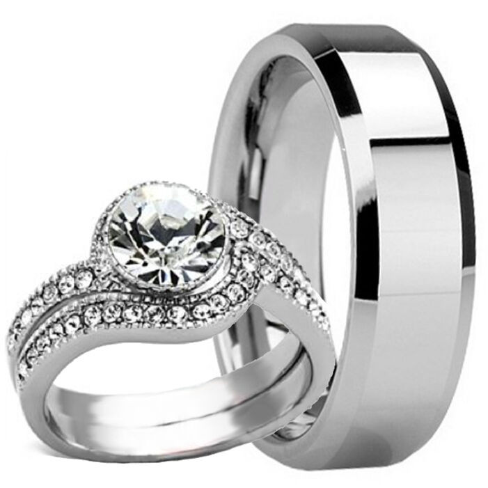 Womens Wedding Band Sets
 3 PC His Hers Mens TUNGSTEN 8MM Band and Womens Engagement
